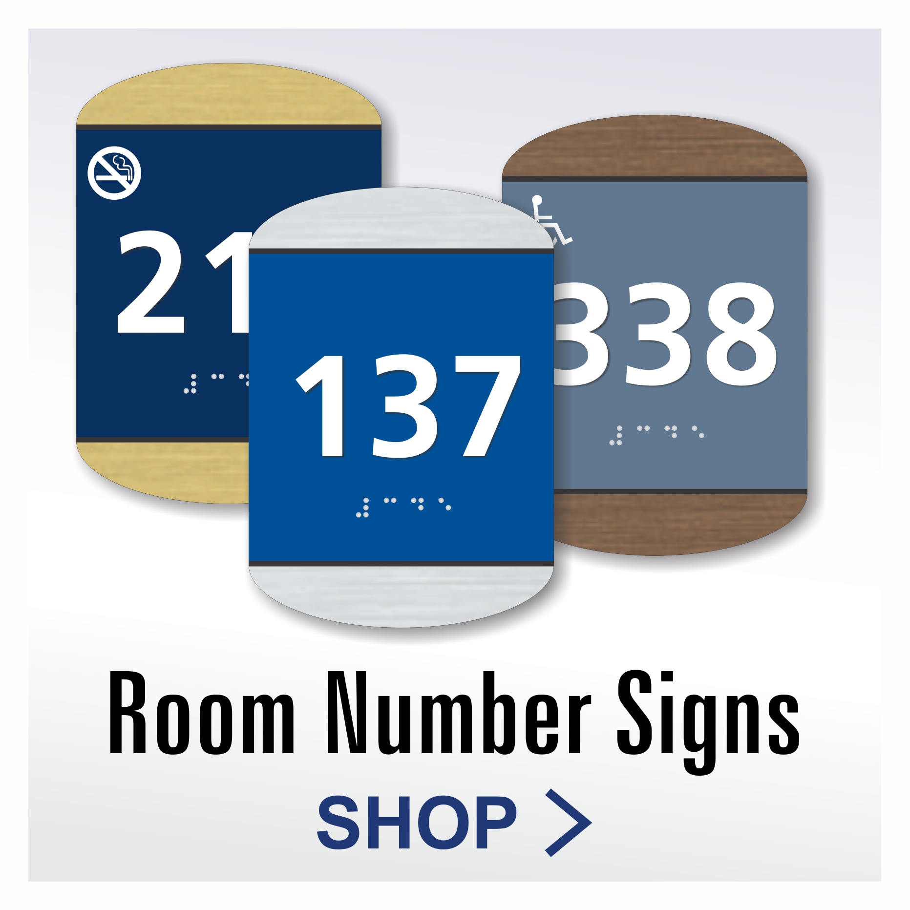 Wedge ADA room number signs with layered accent pieces and raised braille
